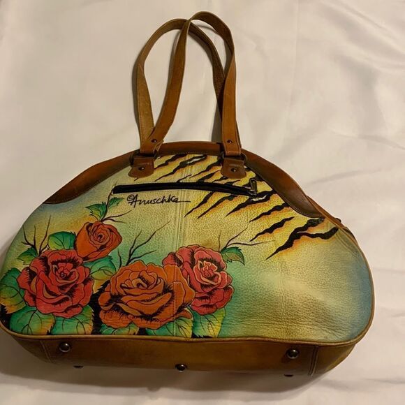 Anuschka RARE tiger & roses large hand painted shoulder bag.  EUC - Picture 2 of 12